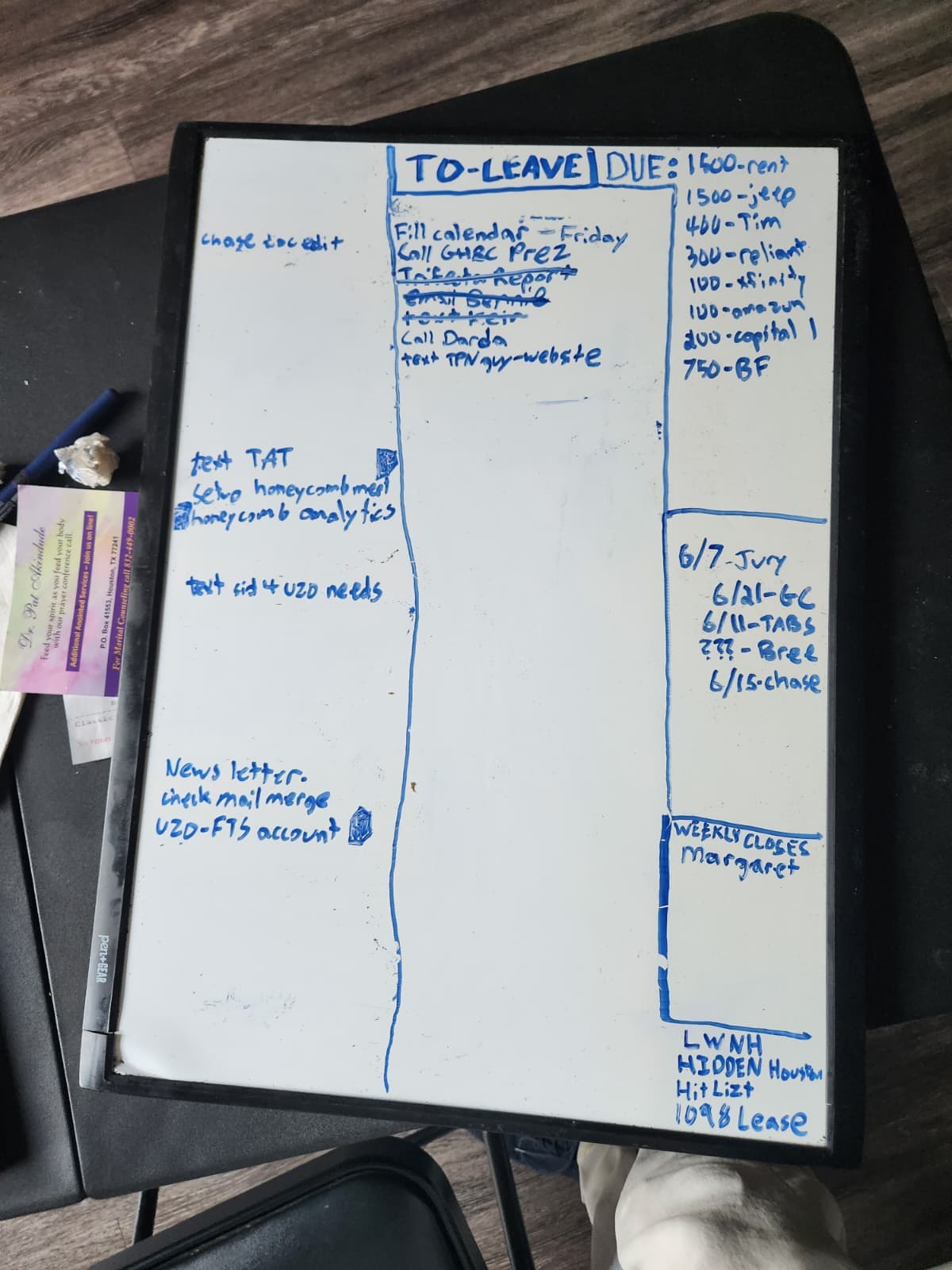 Original ToLeave list whiteboard