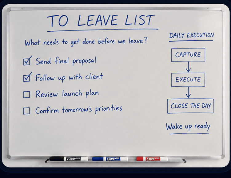 The original ToLeave whiteboard workflow